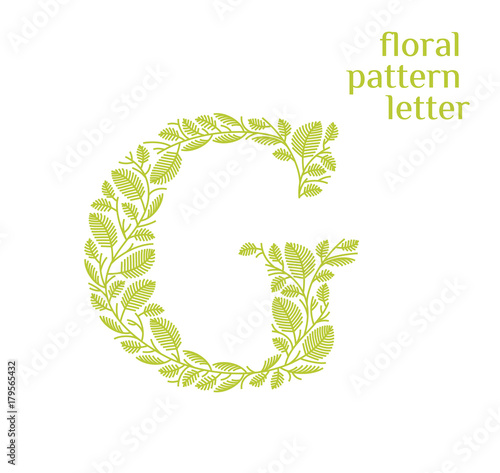 G letter eco logo isolated on white background. Organic bio logo from green grass leaves, plants for corporate identity of the company or brand on the letter G.