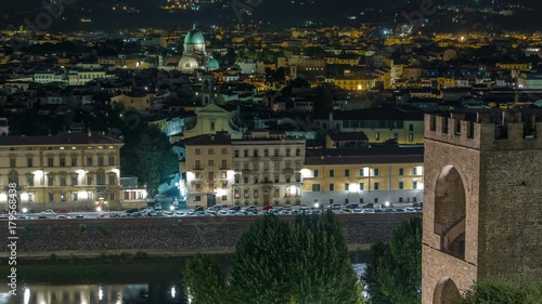 Night view timelapse of the Gate of Saint Nicholas, Synagogue, Arno river and other palaces from Piazzale Michelangelo. Florence, Italy. photo