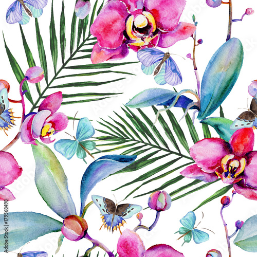 Naklejka Wildflower kwiat orchidei wzór w stylu przypominającym akwarele. Pełna nazwa zakładu: orchidea. Aquarelle dziki kwiat dla tła, tekstury, opakowania wzór, rama lub granicy.