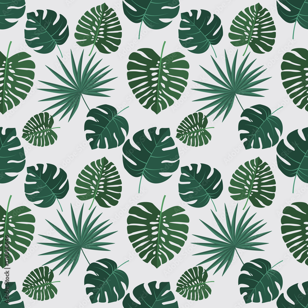 Vector green illustration of palm leaves background. Exotic seamless pattern
