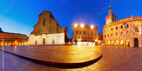 Panorama of Piazza Maggiore square with Basilica di San Petronio and Palazzo d'Accursio or Palazzo Comunale at night, Bologna, Emilia-Romagna, Italy photo