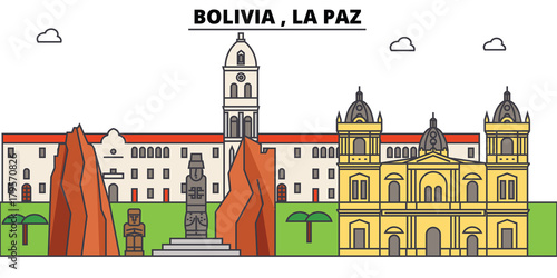 Bolivia , La Paz outline skyline, bolivian flat thin line icons, landmarks, illustrations. Bolivia , La Paz cityscape, bolivian vector travel city banner. Urban silhouette