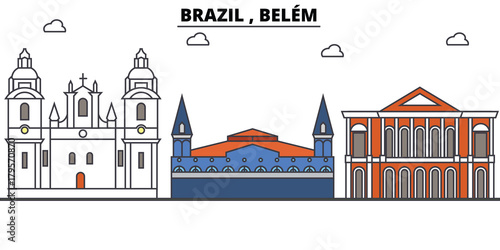 Brazil , Belem outline skyline, brazilian flat thin line icons, landmarks, illustrations. Brazil , Belem cityscape, brazilian vector travel city banner. Urban silhouette