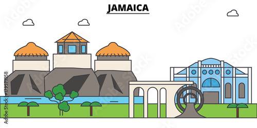Jamaica outline skyline, jamaician flat thin line icons, landmarks, illustrations. Jamaica cityscape, jamaician vector travel city banner. Urban silhouette