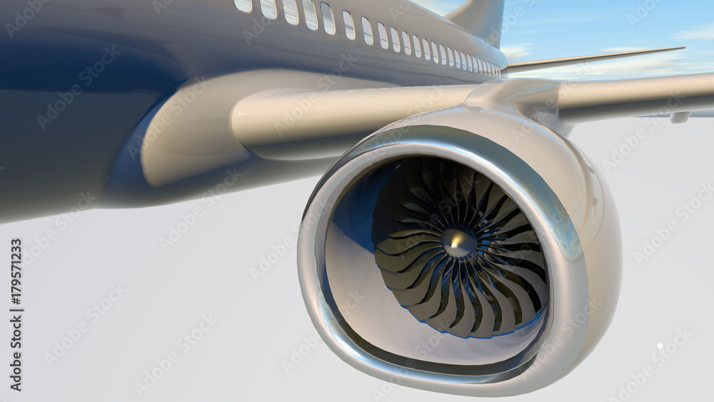 Jet engine, turbine blades of airplane, 3d render