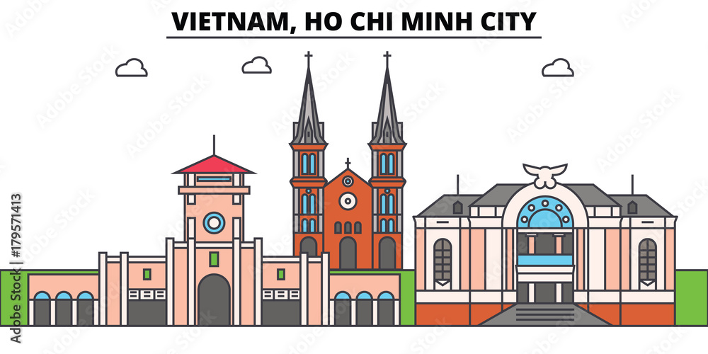 Obraz Vietnam, Ho Chi Minh City outline skyline, vietnamese flat thin line icons, landmarks, illustrations. Vietnam, Ho Chi Minh City cityscape, vietnamese vector travel city banner. Urban silhouette