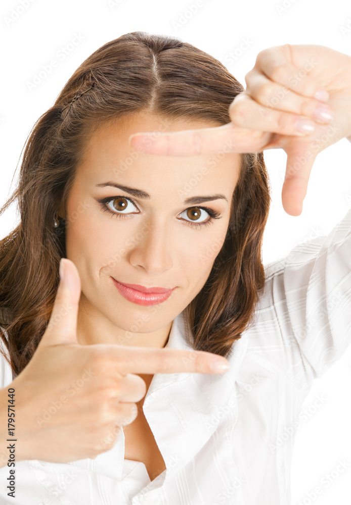 Businesswoman framing her face with hands, isolated Businesswoman framing her face with hands, isolated