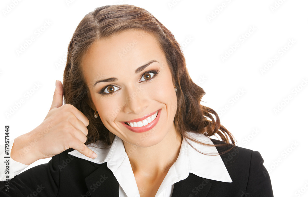 Businesswoman with call me gesture, on white Businesswoman with call me gesture, on white