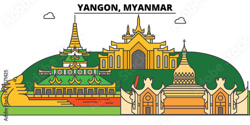 Yangon, Myanmar outline skyline, Burmese flat thin line icons, landmarks, illustrations. Yangon, Myanmar cityscape, Burmese travel city vector banner. Urban silhouette photo