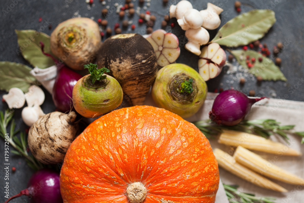 Fresh vegetables and spices for vegan soup. Turnip, radish, onion, champignon, garlic on dark slate background Fresh vegetables and spices for vegan soup. Turnip, radish, onion, champignon, garlic on dark slate background