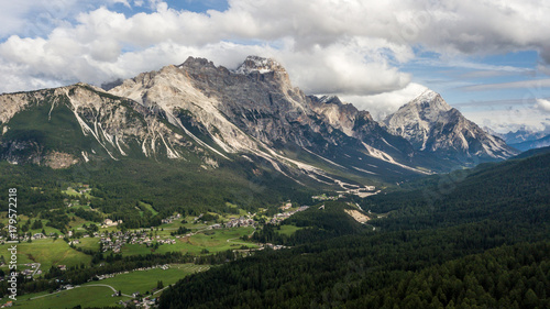 Panoramic view of Cortina D'Ampezzo, Dolomites, Italy, from Lake Ajal.