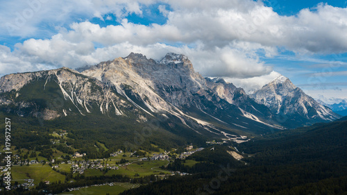 Panoramic view of Cortina D'Ampezzo, Dolomites, Italy, from Lake Ajal.