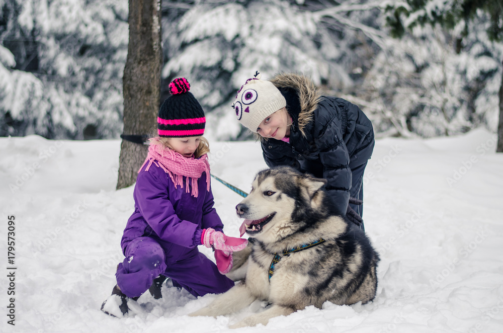 children playing with a dog in winter time children playing with a dog in winter time