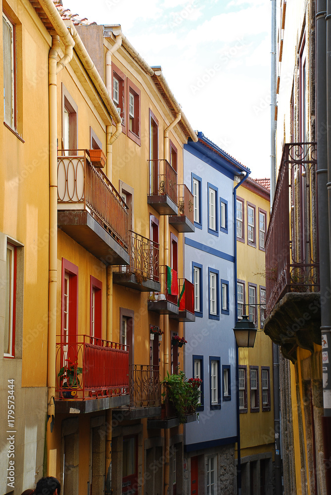 Typical colored house facades in Porto, Portugal.