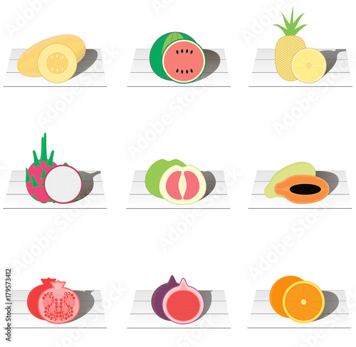 Set of vector icons where different fruits are illustrated  pineapple  watermelon  melon  dragon fruit  grapefruit  papaya  guava  garnet  figs  orange. Shopping basket in grocery shop of heathy goods