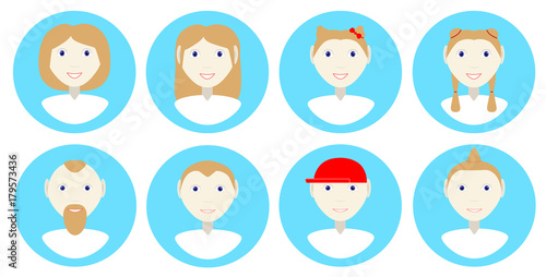 Faces icons of a family. Icon of mother, father, daughter and sun. Vector icons of people, girl, boy, man, woman. Set of people's icons. User round icons. Landing page. Web-site. Mobile application.