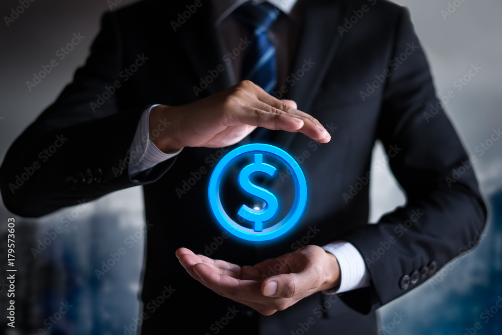 Dollar in the hands of an experienced seller or bank or insurance broker Concept: for investment and passive income, for retirement and annuities also the concept of insurance or bank, currency growth Dollar in the hands of an experienced seller or bank or insurance broker Concept: for investment and passive income, for retirement and annuities also the concept of insurance or bank, currency growth