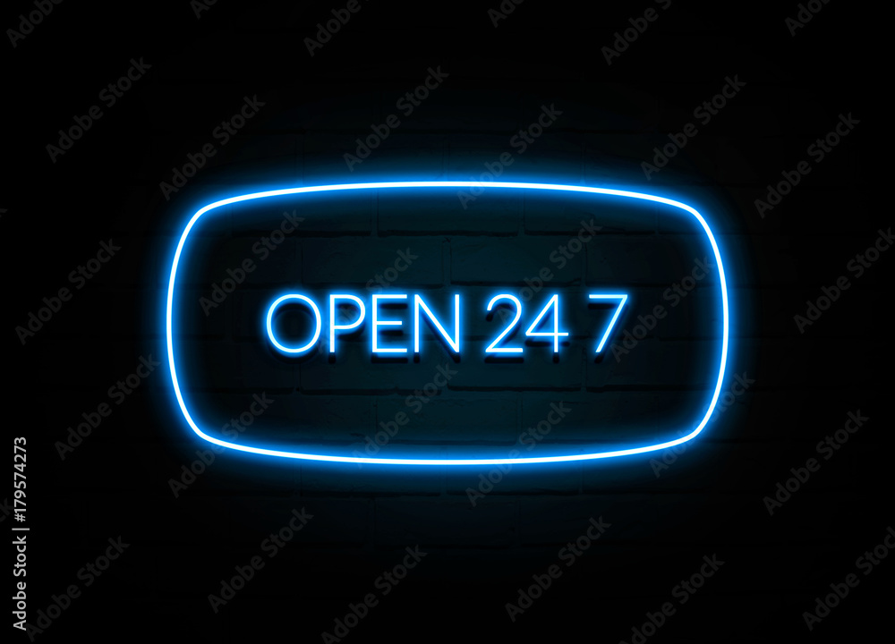 Open 24 7 - colorful Neon Sign on brickwall Open 24 7 - colorful Neon Sign on brickwall