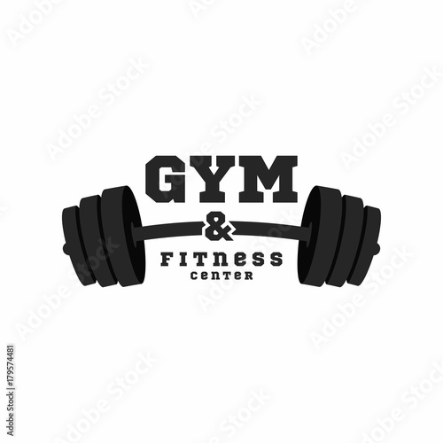 Gym logo. Fitness center logo design template. Black barbell isolated on white background