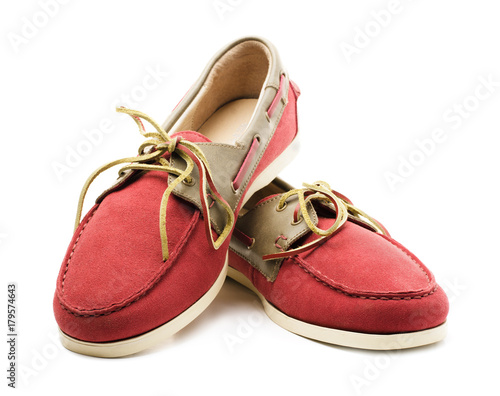 Red and yellow suede men's top sider shoes or boat shoes