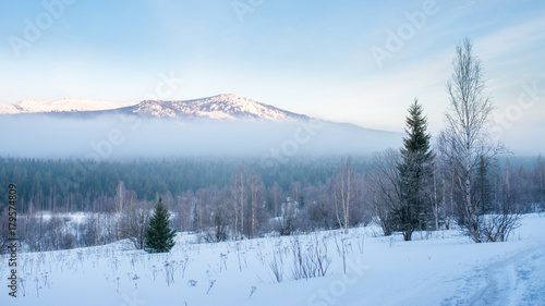 Snow covered mountain on Taganay at morning, Ural, Russia