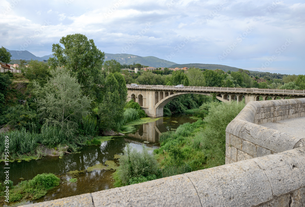 View from old Besalu Bridge towards north direction, Catalonia, Spain. View from old Besalu Bridge towards north direction, Catalonia, Spain.