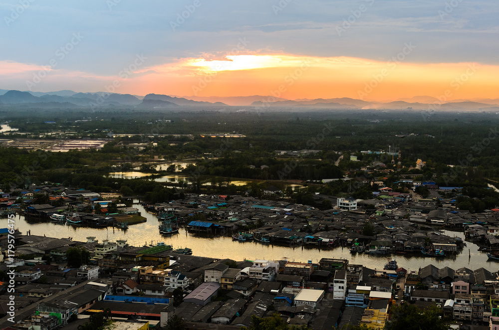 Cityscape with skyline and sunset in the evening at Chumphon Province Thailand.