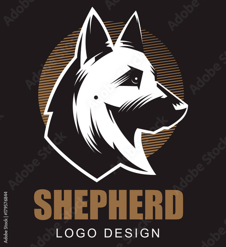 German Shepherd Illustration. Logo, emblem. Black baground.
