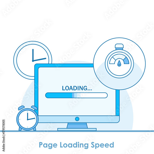 Page loading speed banner. Computer with clock and load optimization check