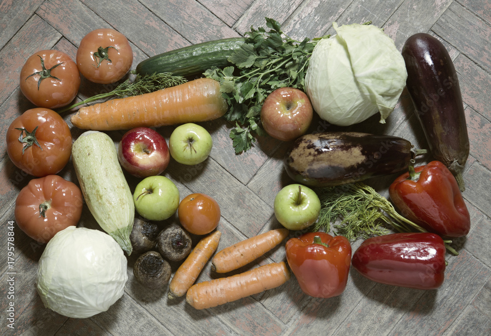 Vegetables on old wooden surfaces, flat lay, toning..