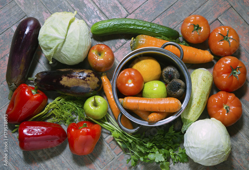 Vegetables on old wooden surfaces  flat lay..