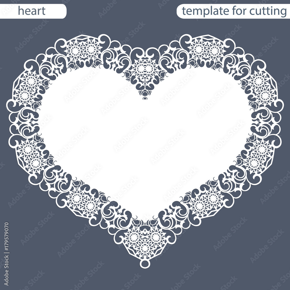 Greeting card with openwork border, paper doily under the cake, template for cutting in the form of heart, valentine card, wedding invitation, decorative plate is laser cut, vector illustrations. Greeting card with openwork border, paper doily under the cake, template for cutting in the form of heart, valentine card, wedding invitation, decorative plate is laser cut, vector illustrations.