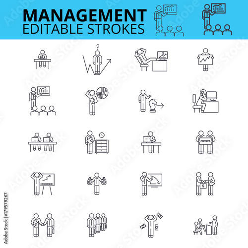 Management ouline vector icons. Editable strokes. Businessman signs set. Business management process logo. Human resources thin line icons.