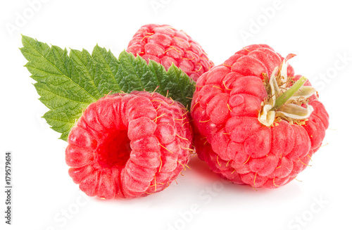 raspberries with leaf isolated on white background macro