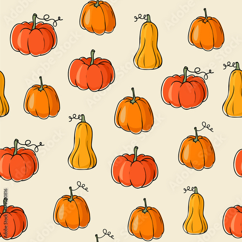 Seamless vector pattern with pumpkins and butternut squash.