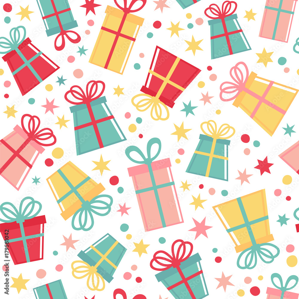 Seamless vector pattern with gift boxes and confetti. Seamless vector pattern with gift boxes and confetti.