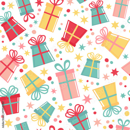 Seamless vector pattern with gift boxes and confetti.