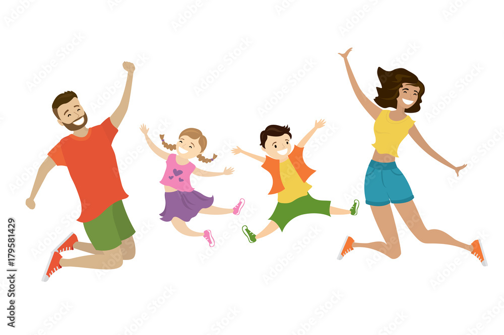 Cartoon happy jumping family,cute smiling people,