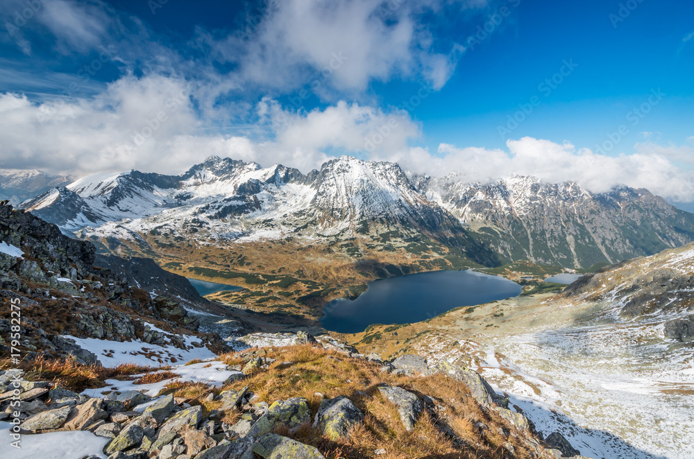 Tatra mountains, panorama of valley with lake, fall sunny day