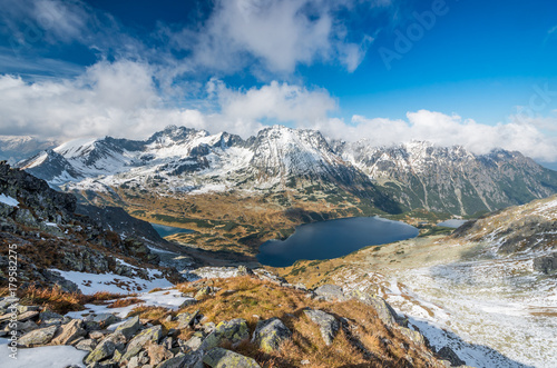 Tatra mountains  panorama of valley with lake  fall sunny day