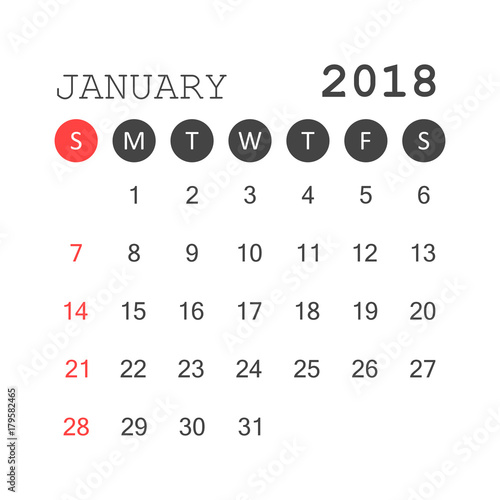 January 2018 calendar. Calendar planner design template. Week starts on Sunday. Business vector illustration.