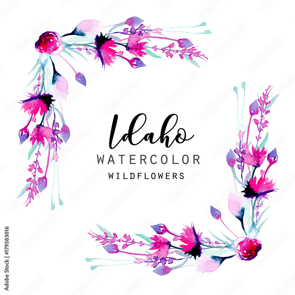 Corner border frame with simple watercolor pink wildflowers and lavender,  hand painted in watercolor on a white background, for greeting card,  birthday design, decoration postcard or invitation Stock Illustration |  Adobe Stock