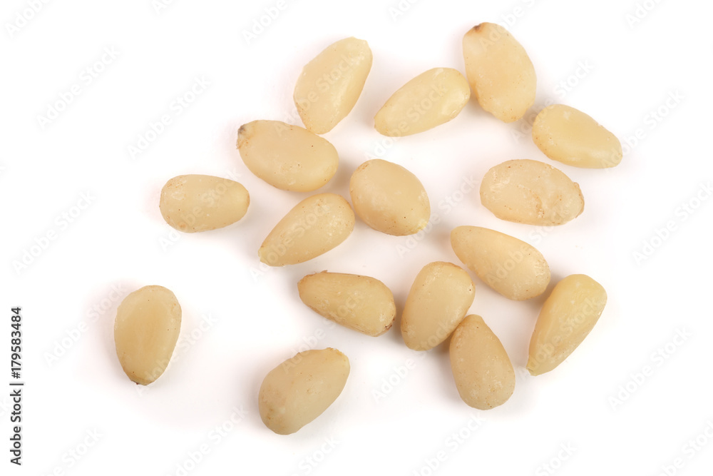 Shelled cedar pine nuts isolated on white background. top view Shelled cedar pine nuts isolated on white background. top view