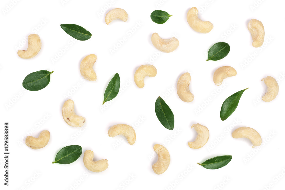 cashew nuts with leaf isolated on white background. top view. Flat lay pattern cashew nuts with leaf isolated on white background. top view. Flat lay pattern