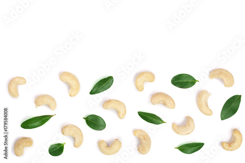 cashew nuts with leaf isolated on white background with copy space for your text. top view. Flat lay pattern