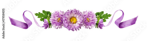 Curled purple silk ribbon and aster flowers composition
