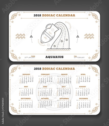 Aquarius 2018 year zodiac calendar pocket size horizontal layout Double side white color design style vector concept illustration photo