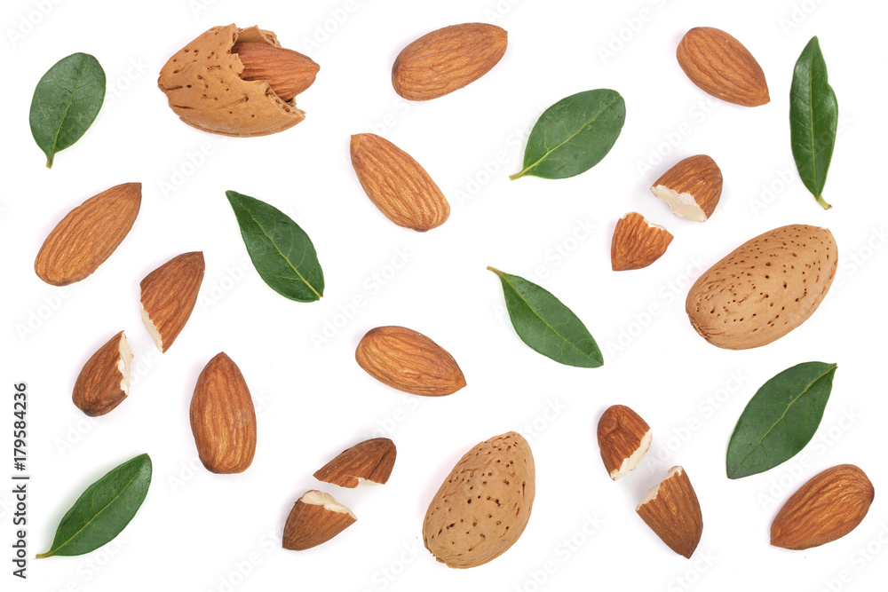 almonds with leaves isolated on white background. Flat lay pattern. Top view almonds with leaves isolated on white background. Flat lay pattern. Top view