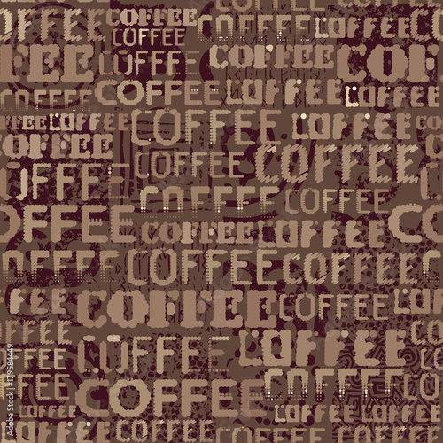 Coffee. Abstract coffee pattern on brown background with a lettring.