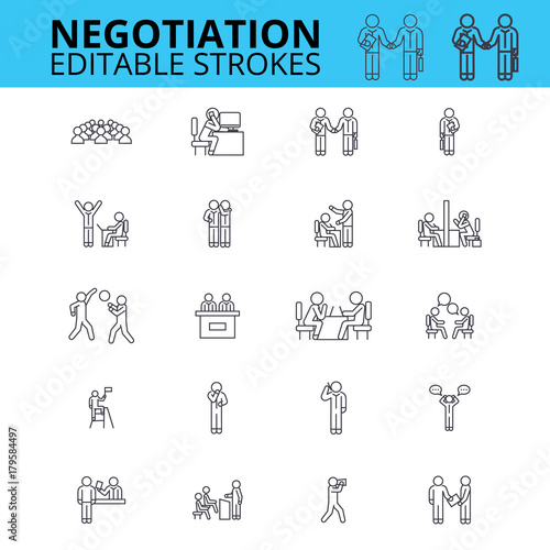 Negogiation skills ouline vector icons. Editable strokes. Business meeting signs set. Negogiation business concept thin line icons. Agreement logo set